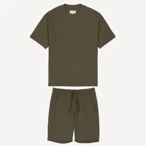 Thermal Waffle Knit Tee & Shorts Set - Dusty Olive
