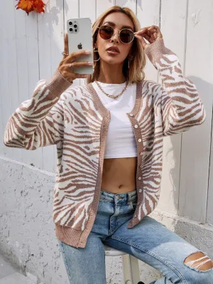 Tiger Year Animal Patterned Knit Cardigan - Beige
