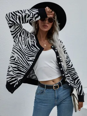 Tiger Year Animal Patterned Knit Cardigan - Black