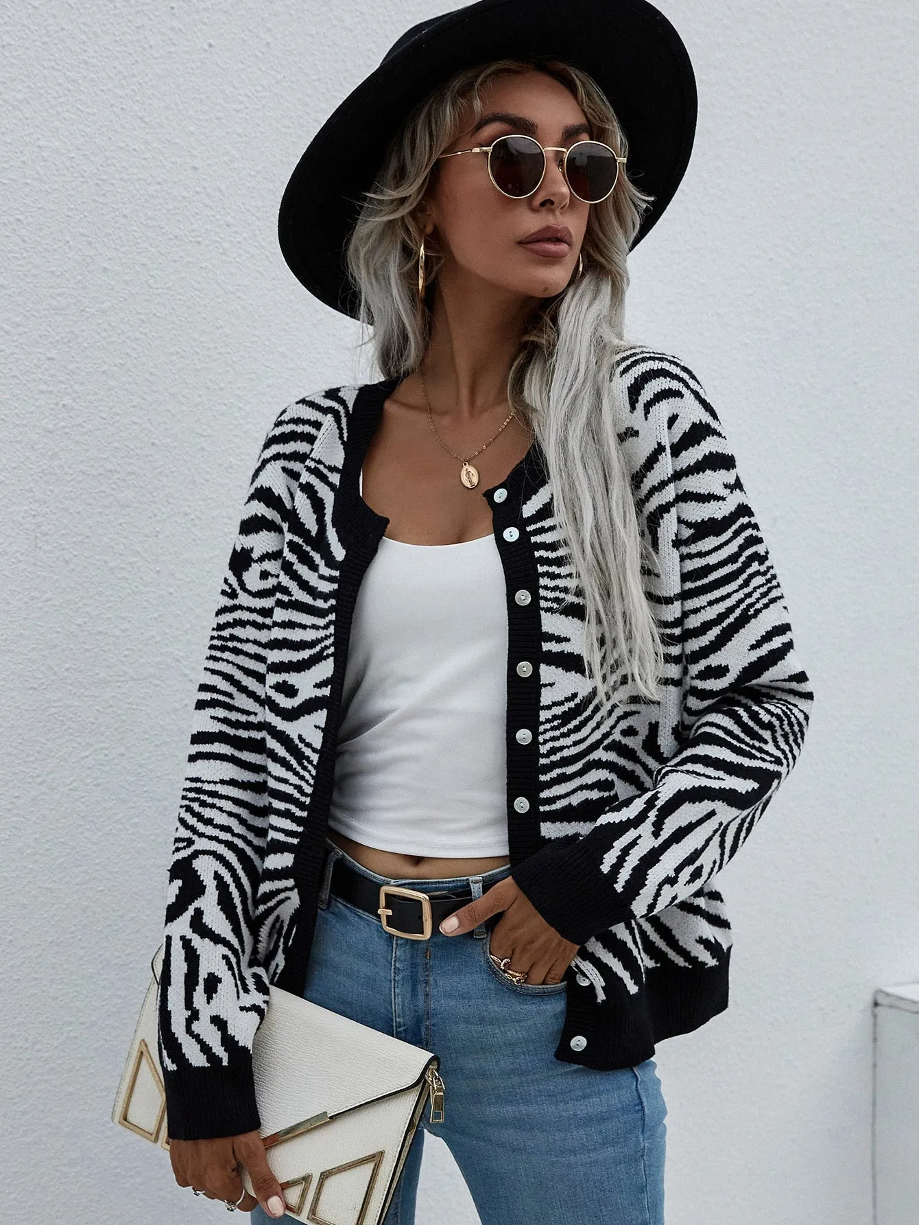 Tiger Year Animal Patterned Knit Cardigan - Black