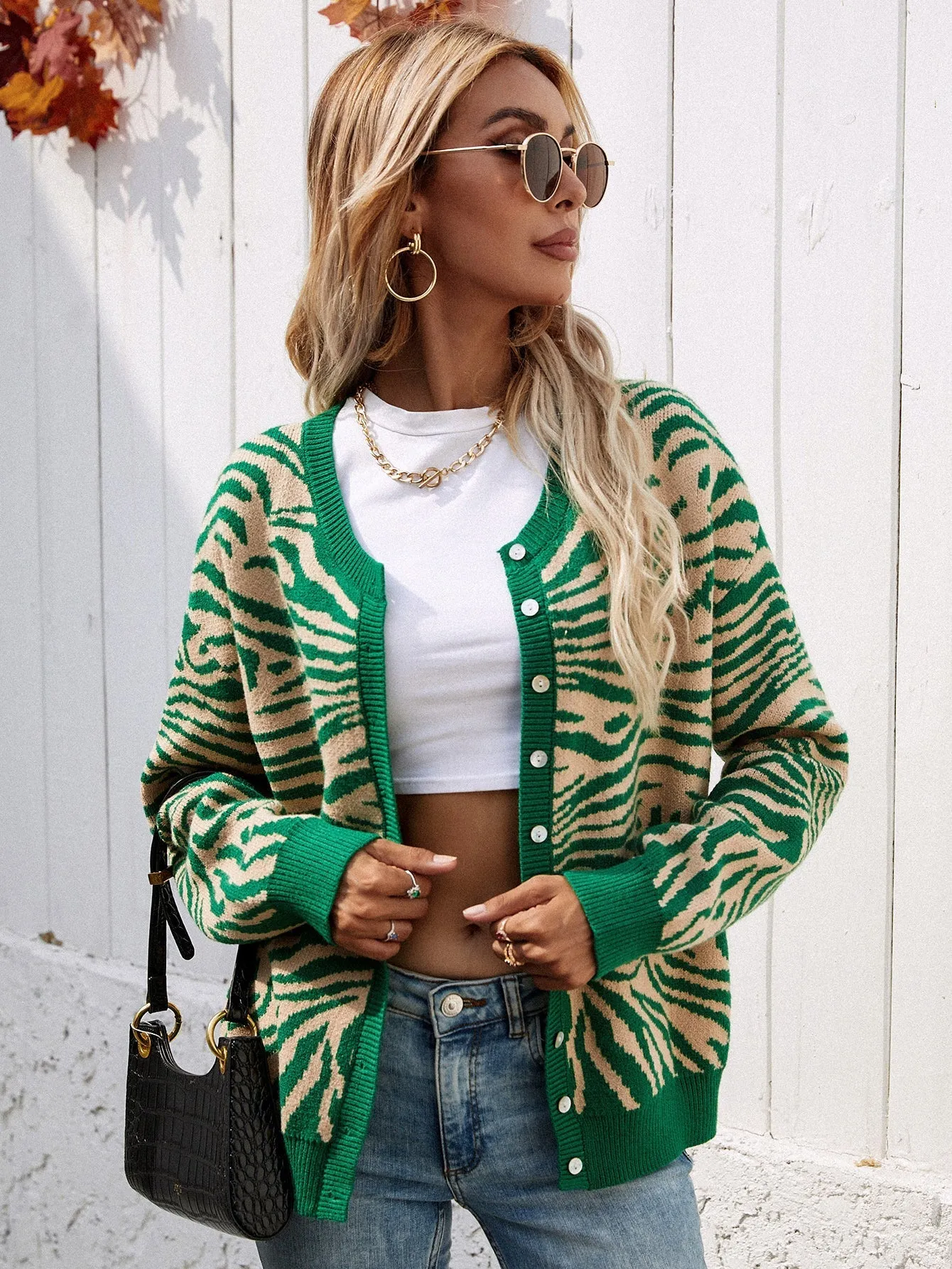 Tiger Year Animal Patterned Knit Cardigan - Green