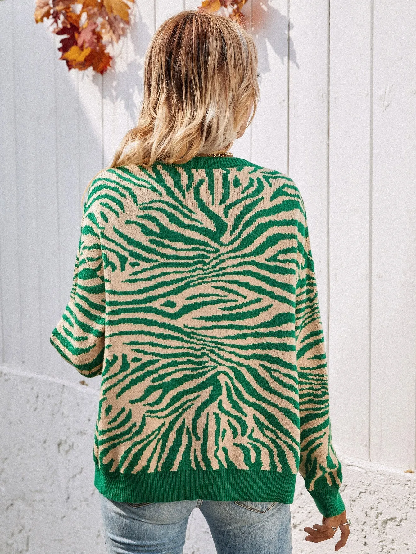 Tiger Year Animal Patterned Knit Cardigan - Green