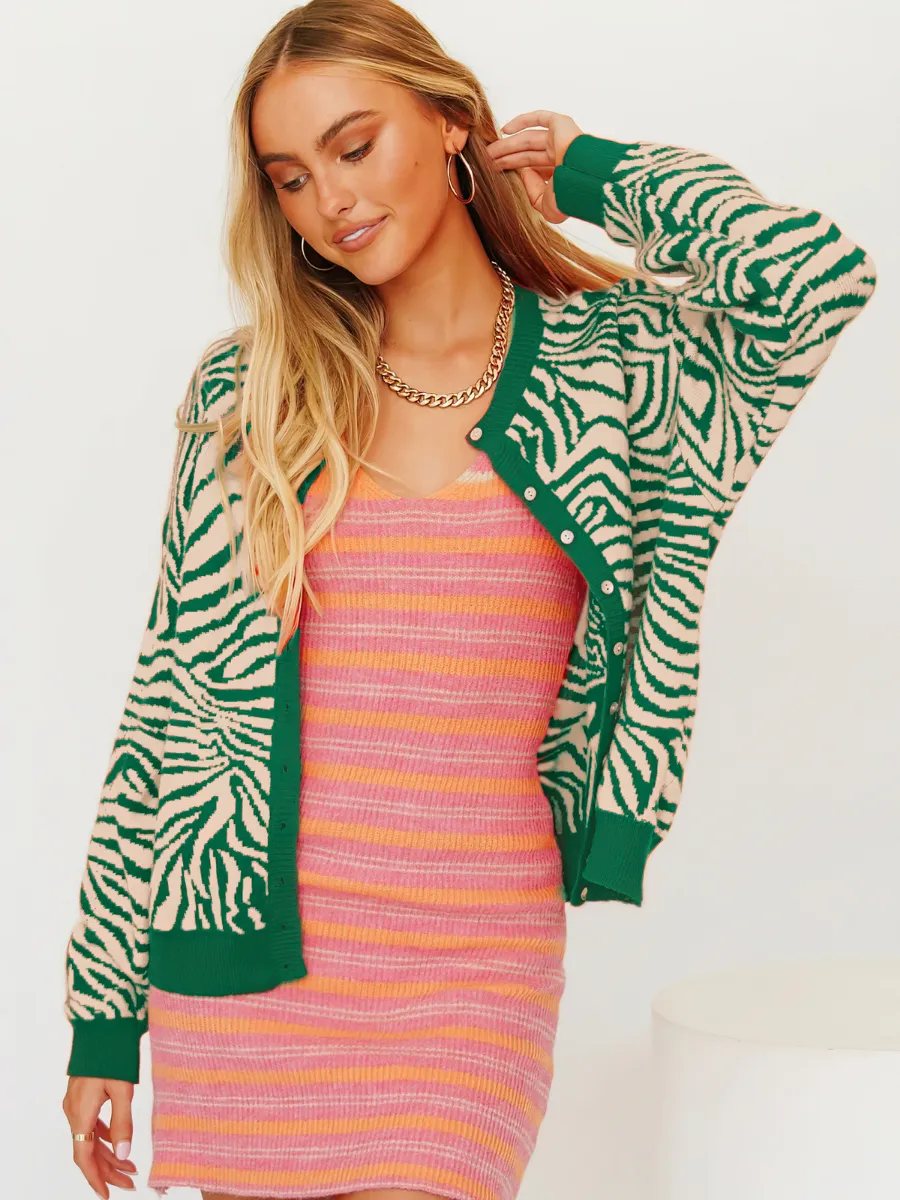 Tiger Year Animal Patterned Knit Cardigan - Green