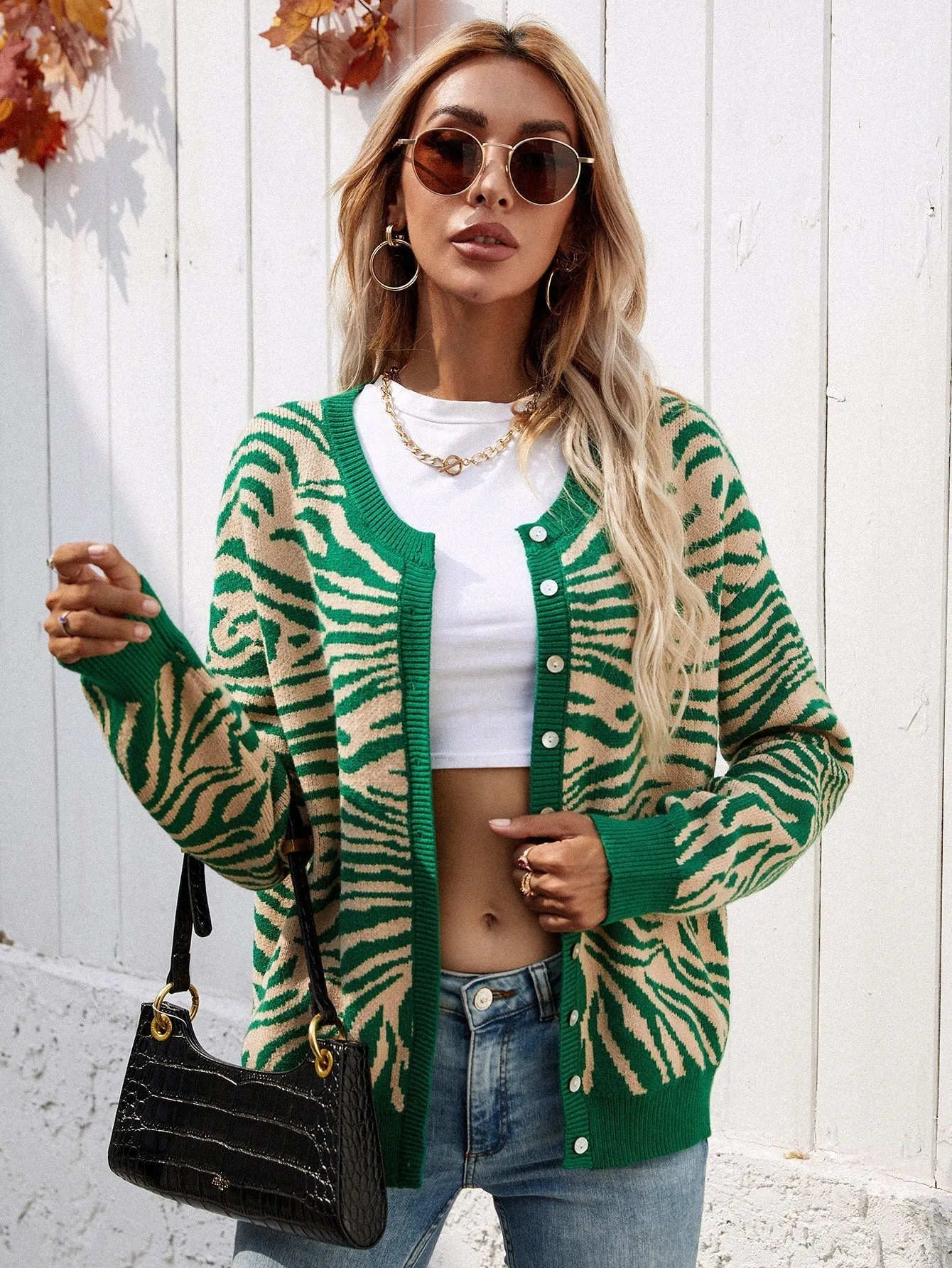 Tiger Year Animal Patterned Knit Cardigan - Green