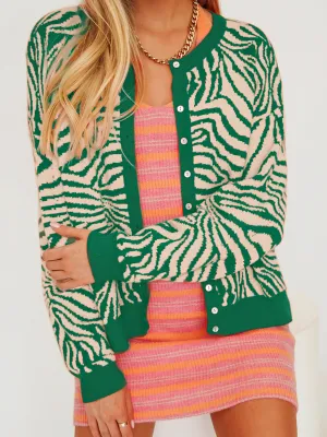 Tiger Year Animal Patterned Knit Cardigan - Green