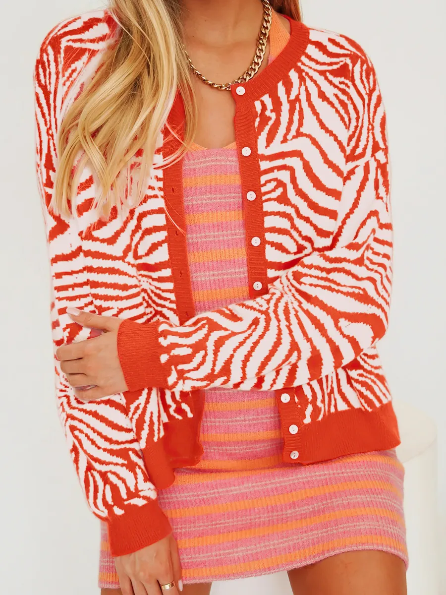 Tiger Year Animal Patterned Knit Cardigan - Orange