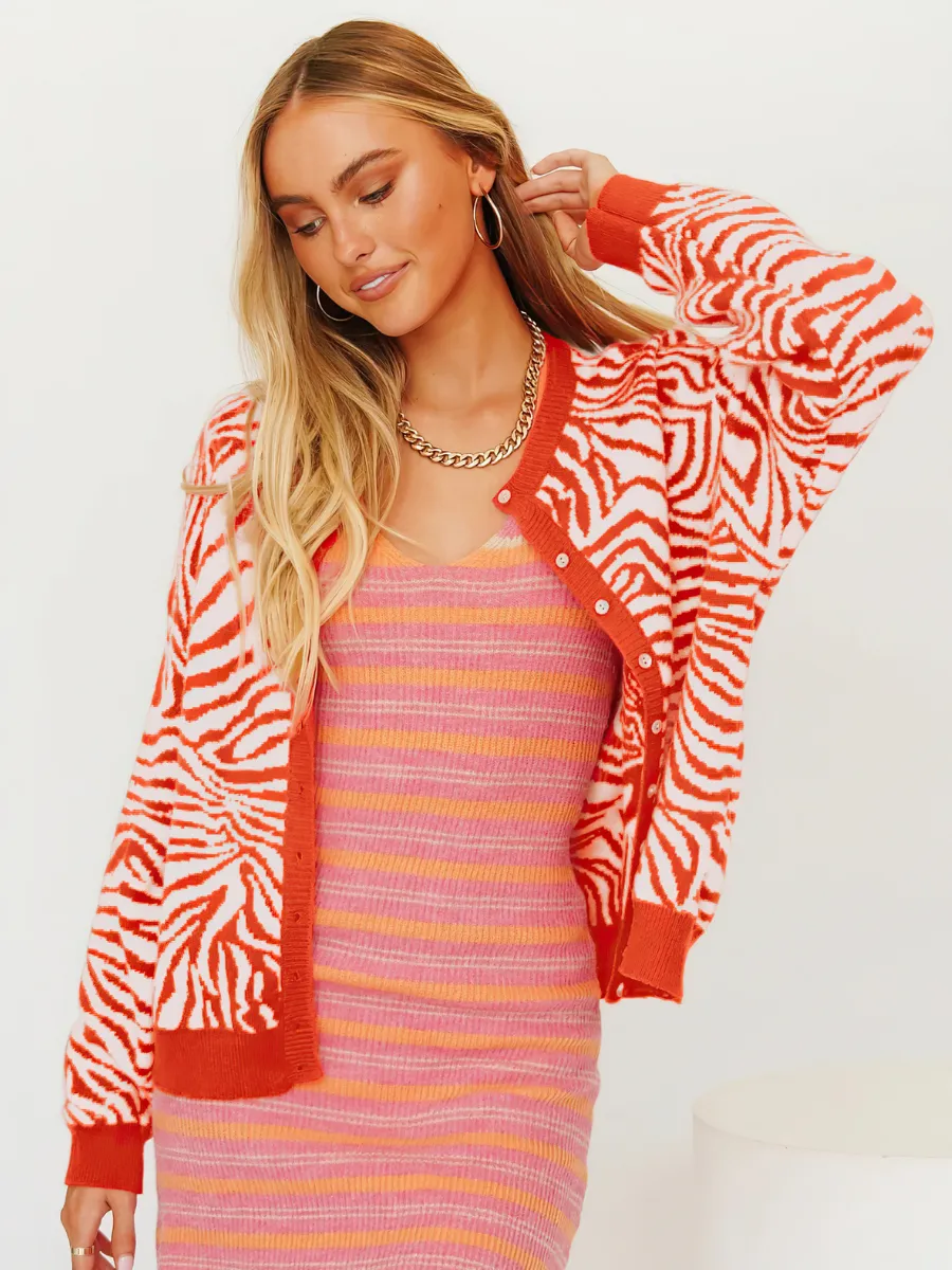 Tiger Year Animal Patterned Knit Cardigan - Orange