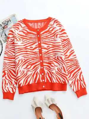 Tiger Year Animal Patterned Knit Cardigan - Orange
