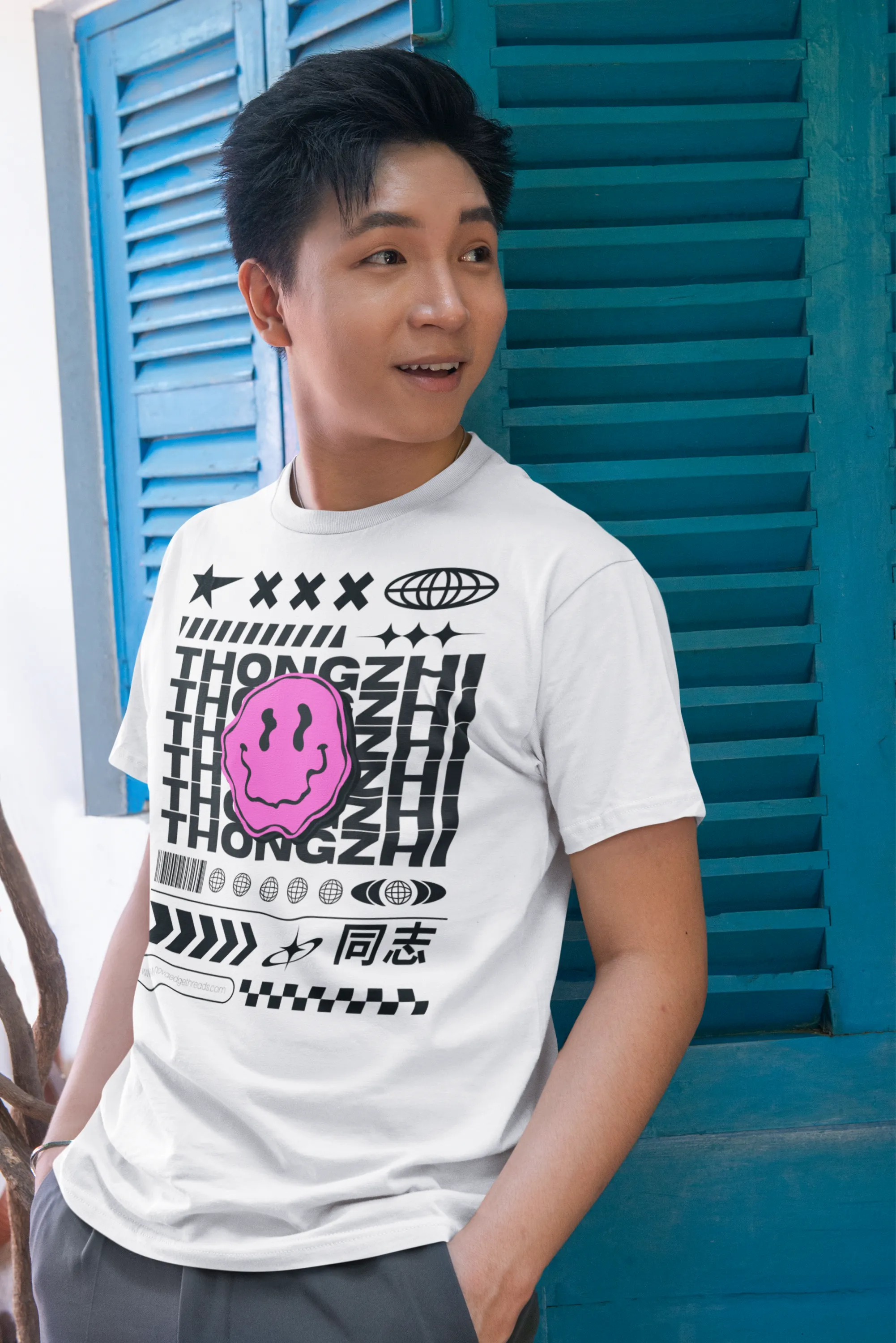 Tongzhi Chinese Gay Pride Graphic Tee on White Oversize Deep Drop Shoulder Tee - 190 GSM