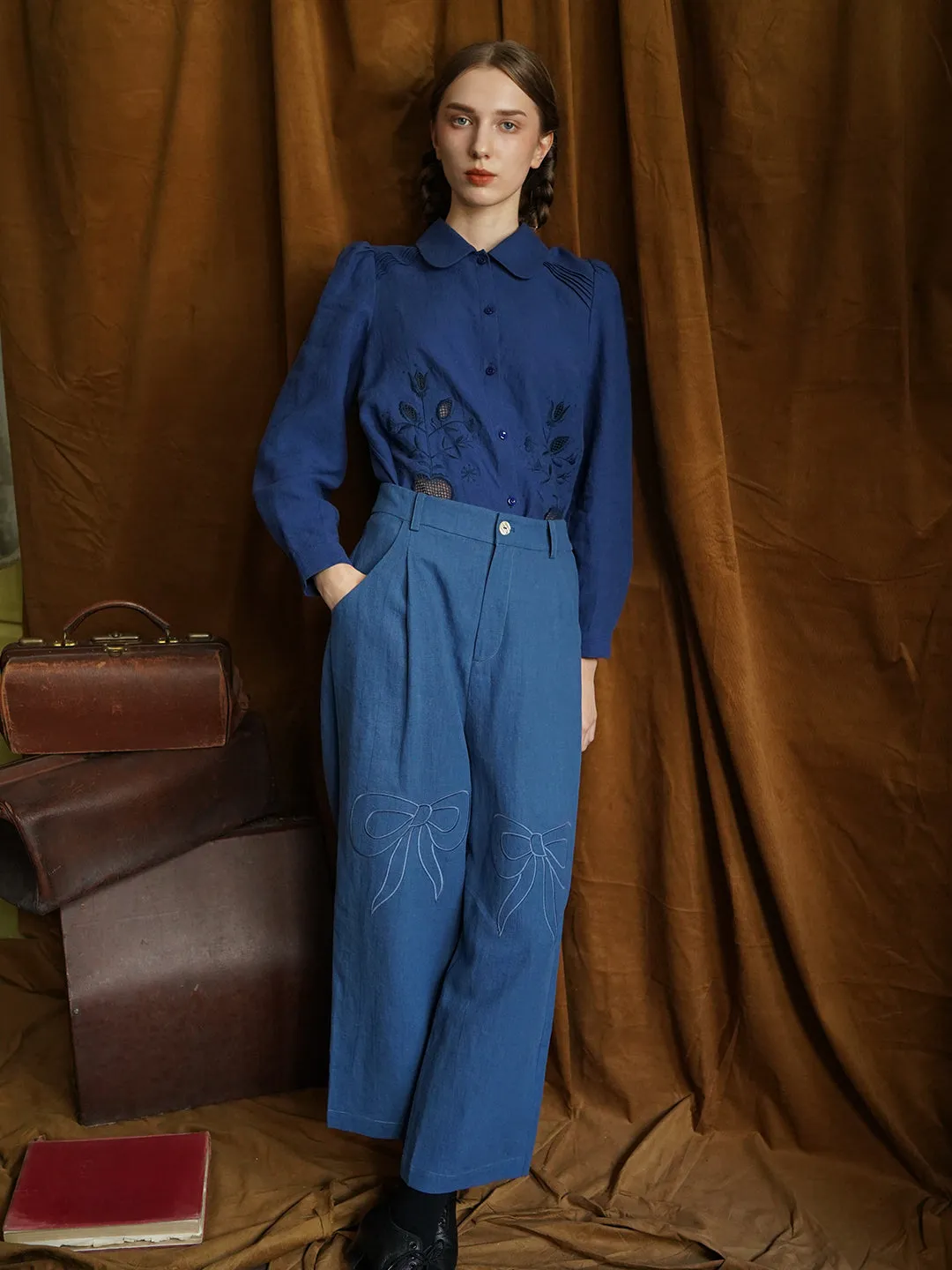 Unlogical Poem Bow-knot Appliques Red/Black/Blue Trousers