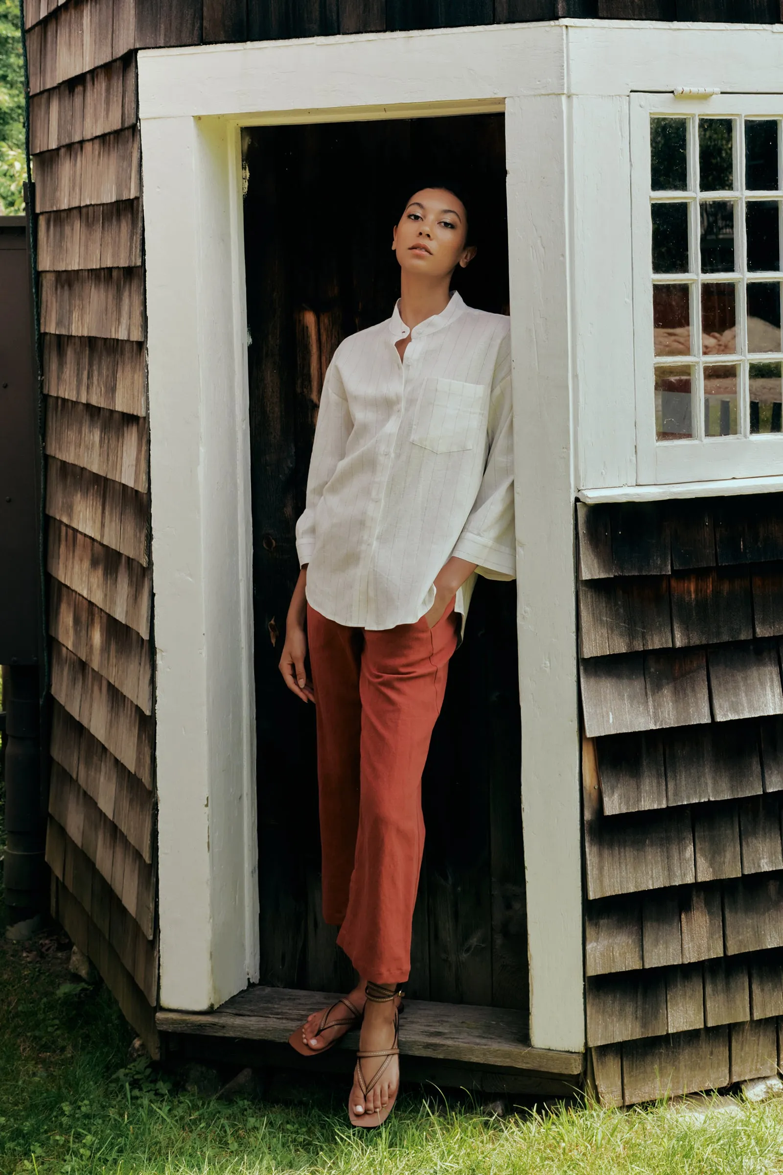 Valerie Shirt - White & Rust Pinstripe