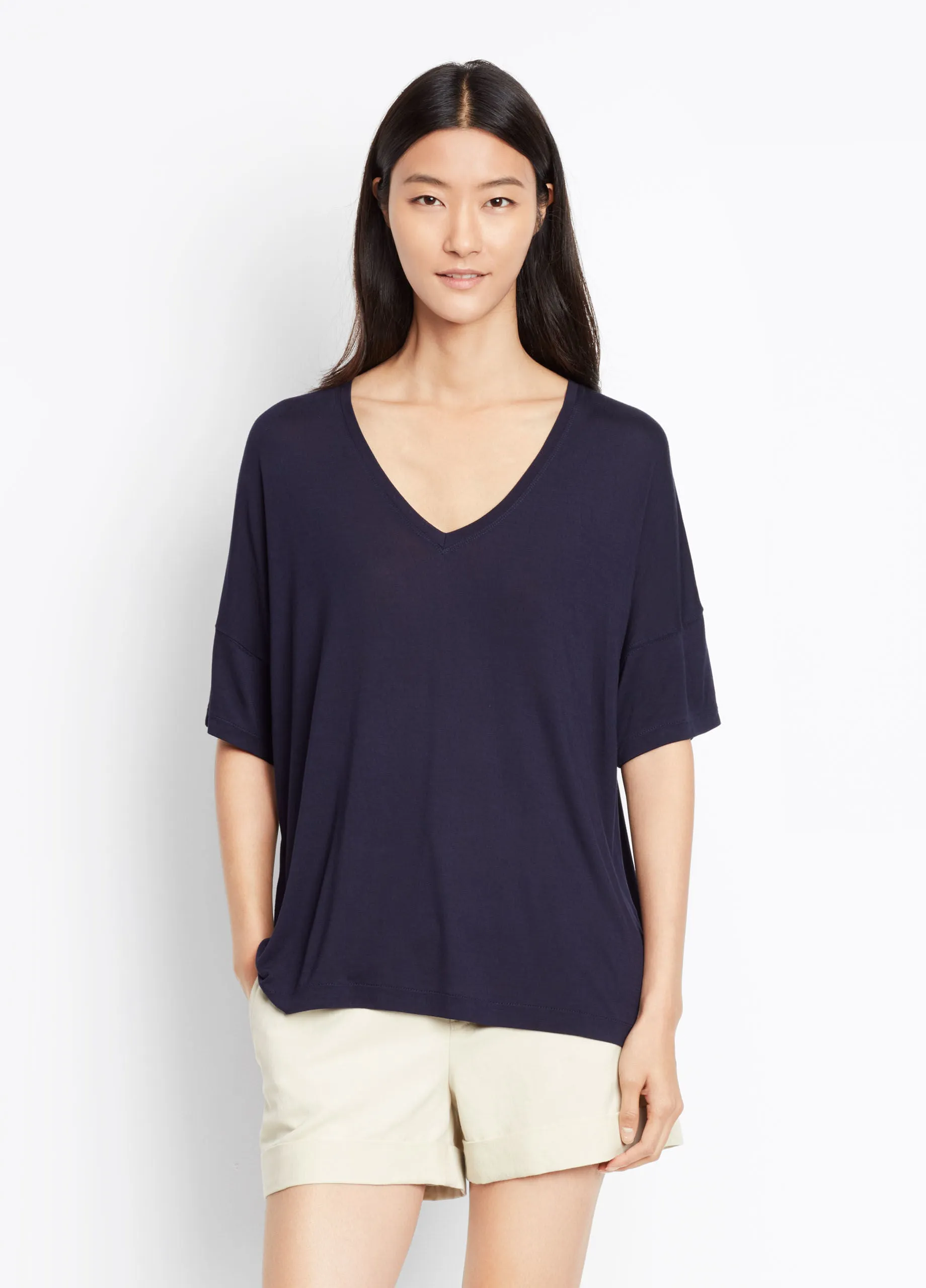 Vince Drop Shoulder V-Neck Tee, Coastal Blue