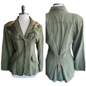 Vintage 80s Green Blazer Safari Floral Print Corset Lace Back