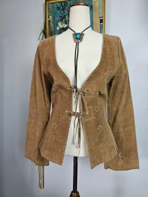 Vintage Suede Boho Cowgirl Jacket – Floral Cutout & Whipstitch Detail X small