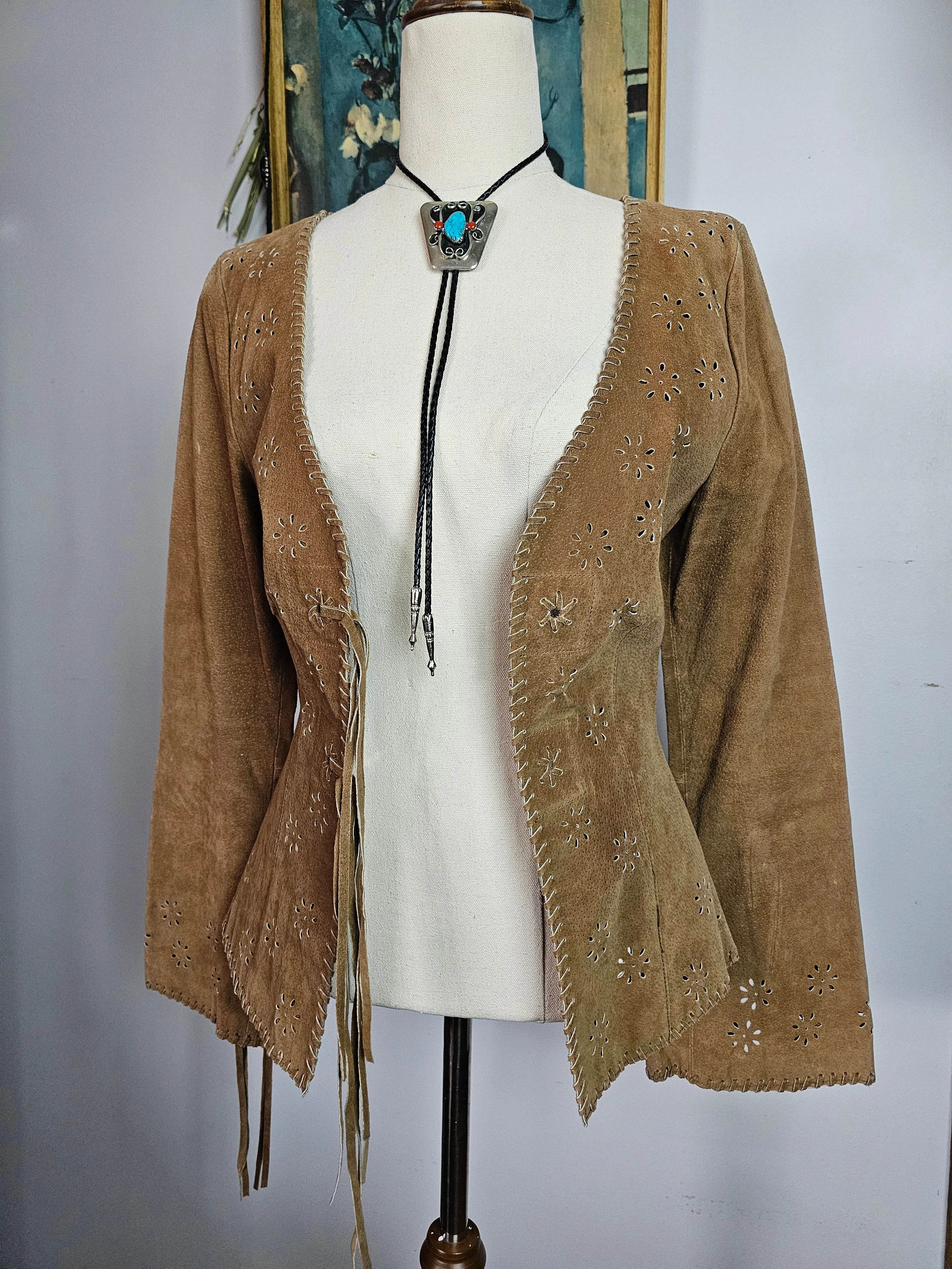 Vintage Suede Boho Cowgirl Jacket – Floral Cutout & Whipstitch Detail X small