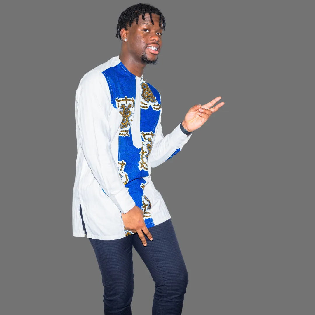 White Long Sleeve Jacob Shirt With Blue Accents