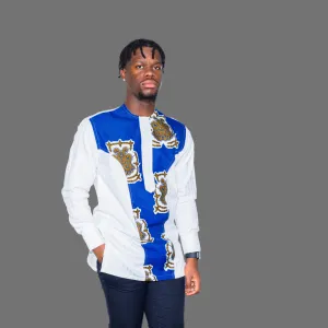 White Long Sleeve Jacob Shirt With Blue Accents
