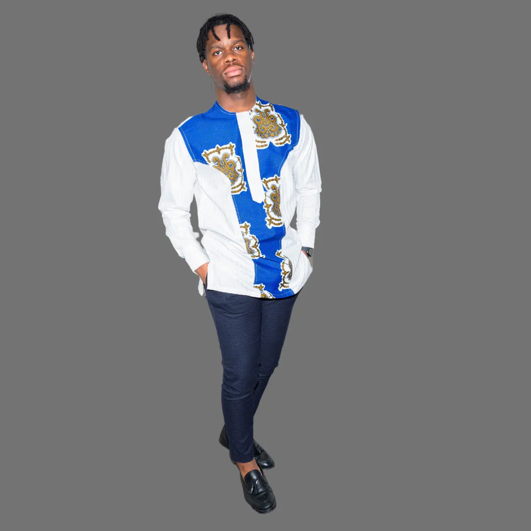 White Long Sleeve Jacob Shirt With Blue Accents