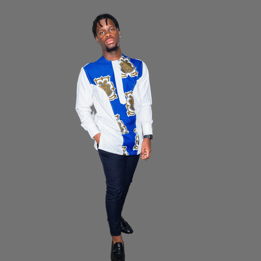 White Long Sleeve Jacob Shirt With Blue Accents
