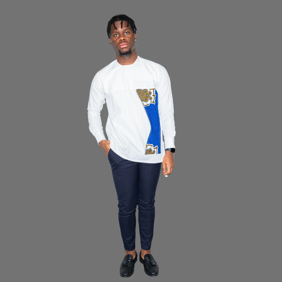 White Long Sleeve Men Shirt With Blue Accent