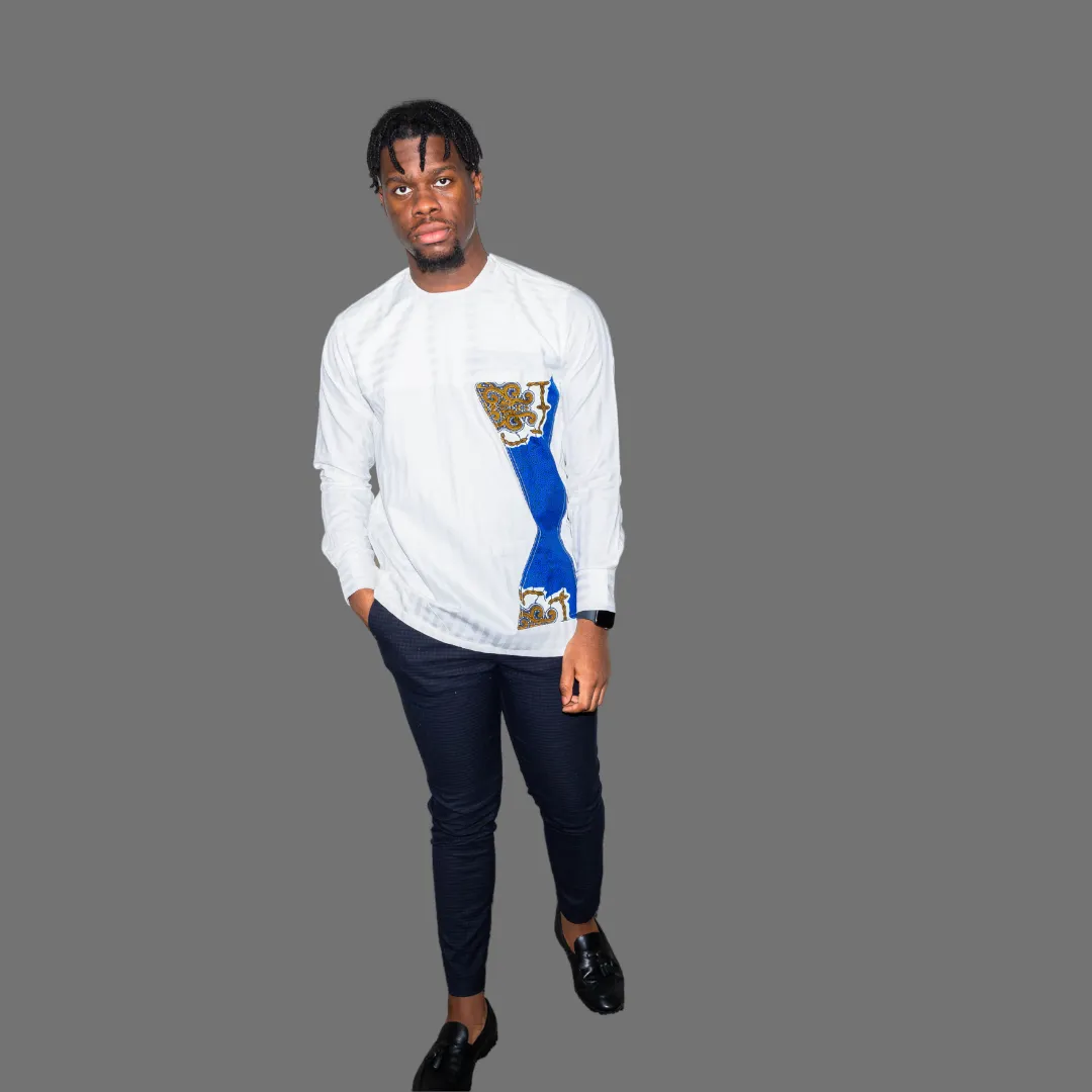 White Long Sleeve Men Shirt With Blue Accent