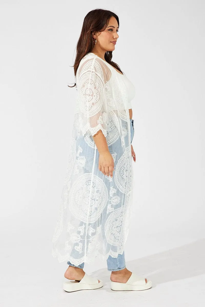 White Longline Embroidered Mesh Kimono