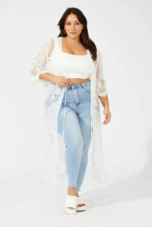 White Longline Embroidered Mesh Kimono