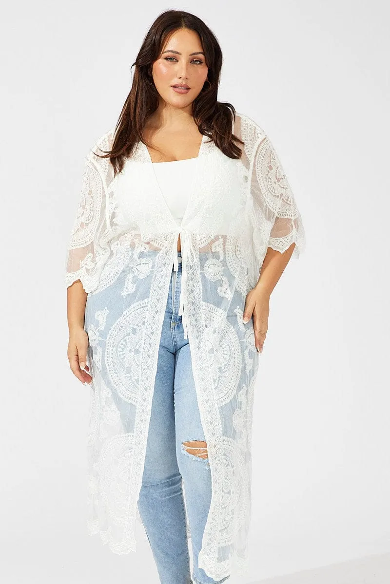 White Longline Embroidered Mesh Kimono