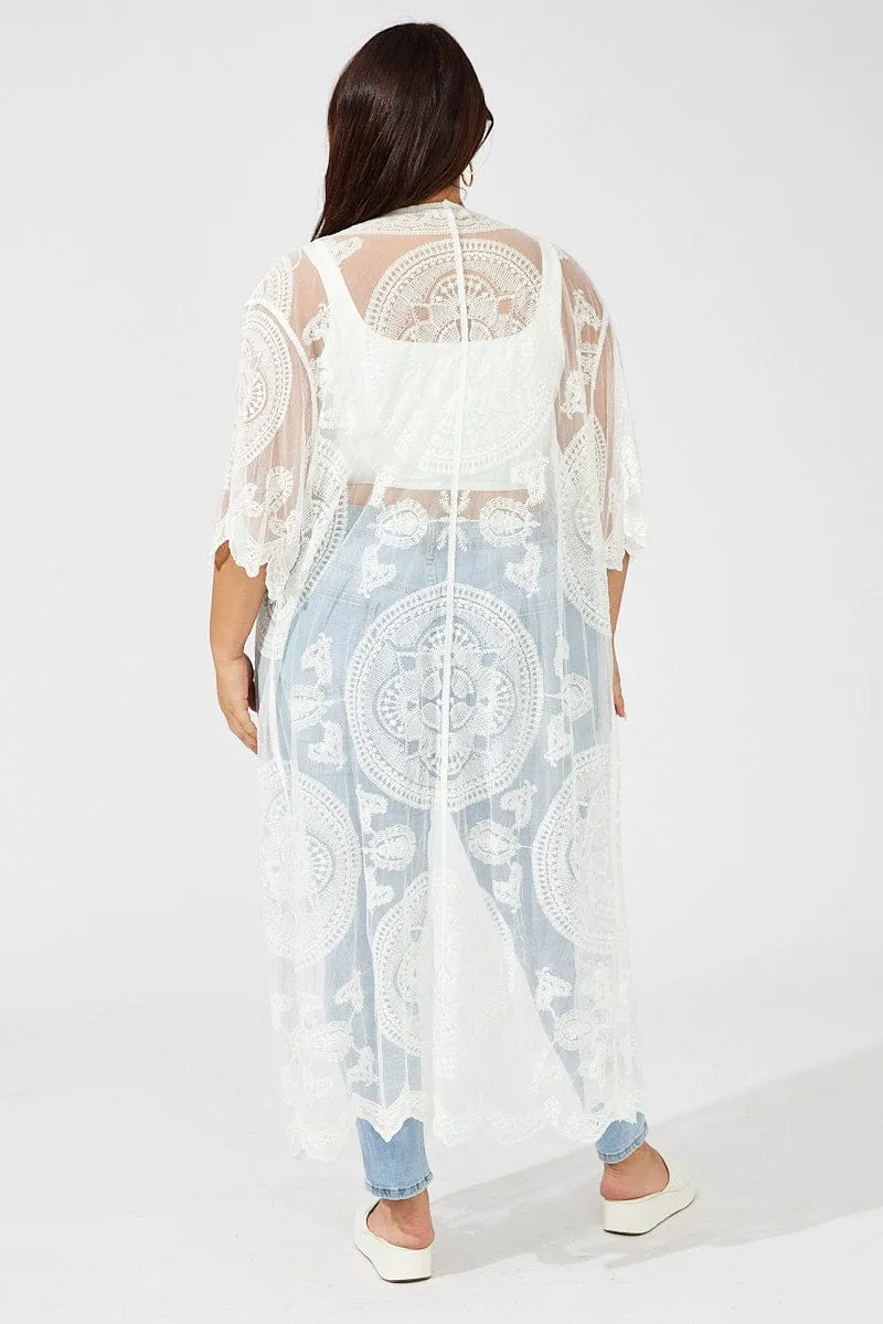 White Longline Embroidered Mesh Kimono