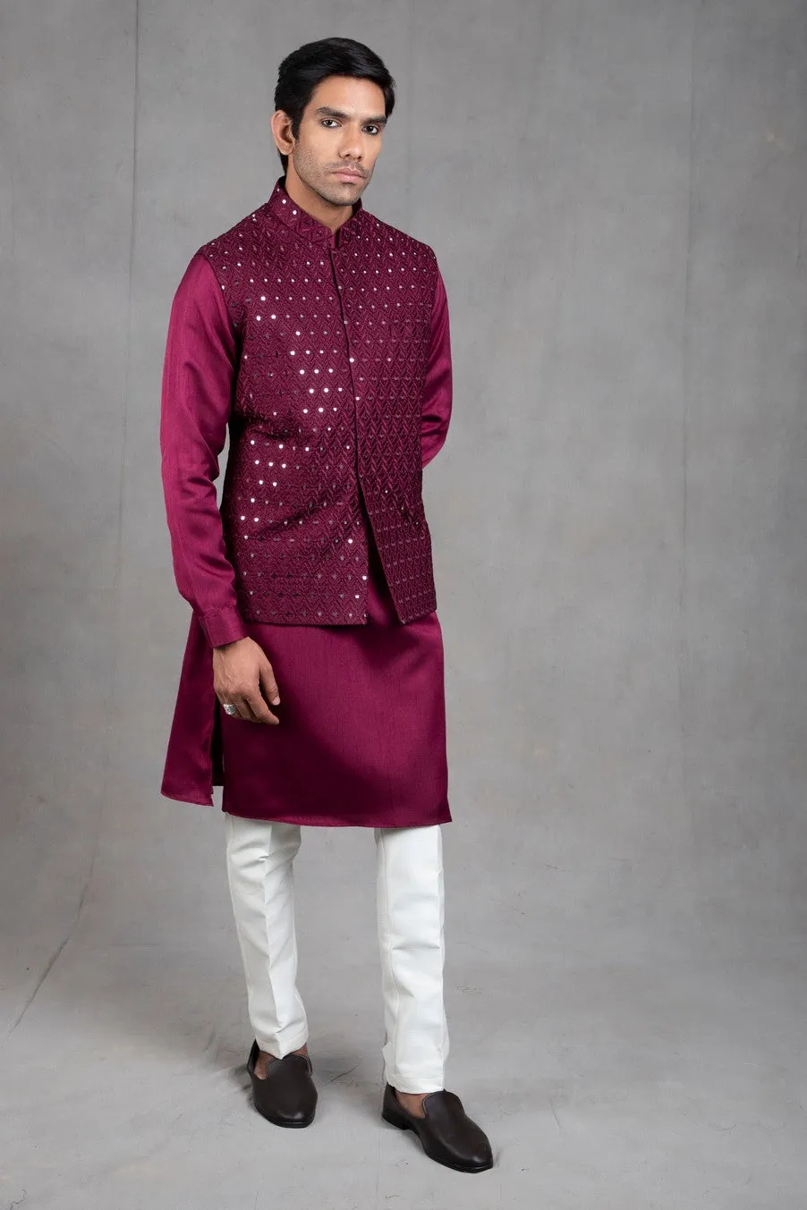 Wine and Shine Embroidered Kurta-Jacket Set