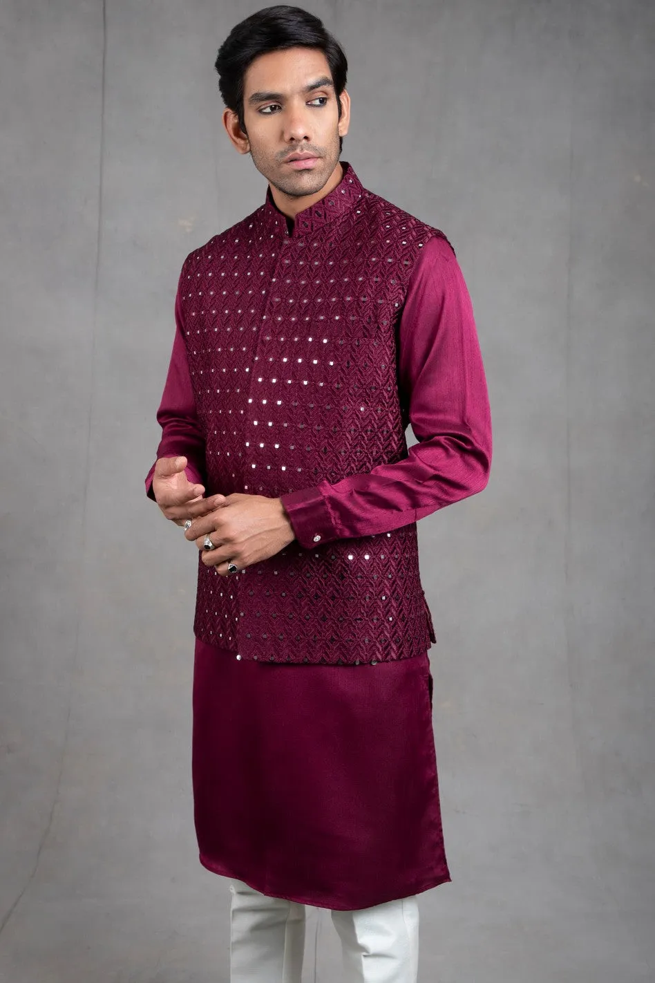 Wine and Shine Embroidered Kurta-Jacket Set