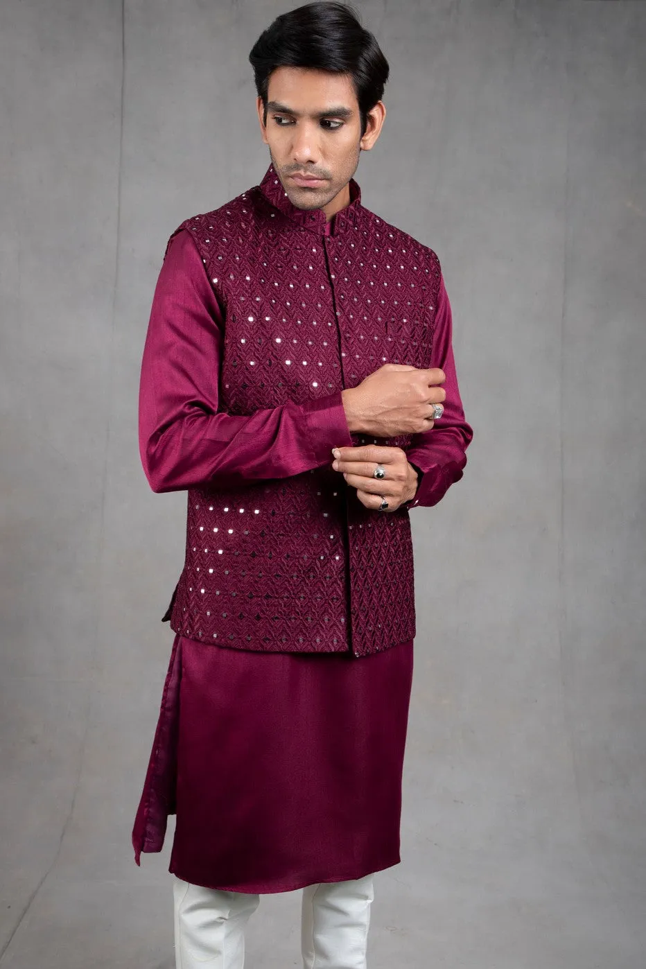 Wine and Shine Embroidered Kurta-Jacket Set