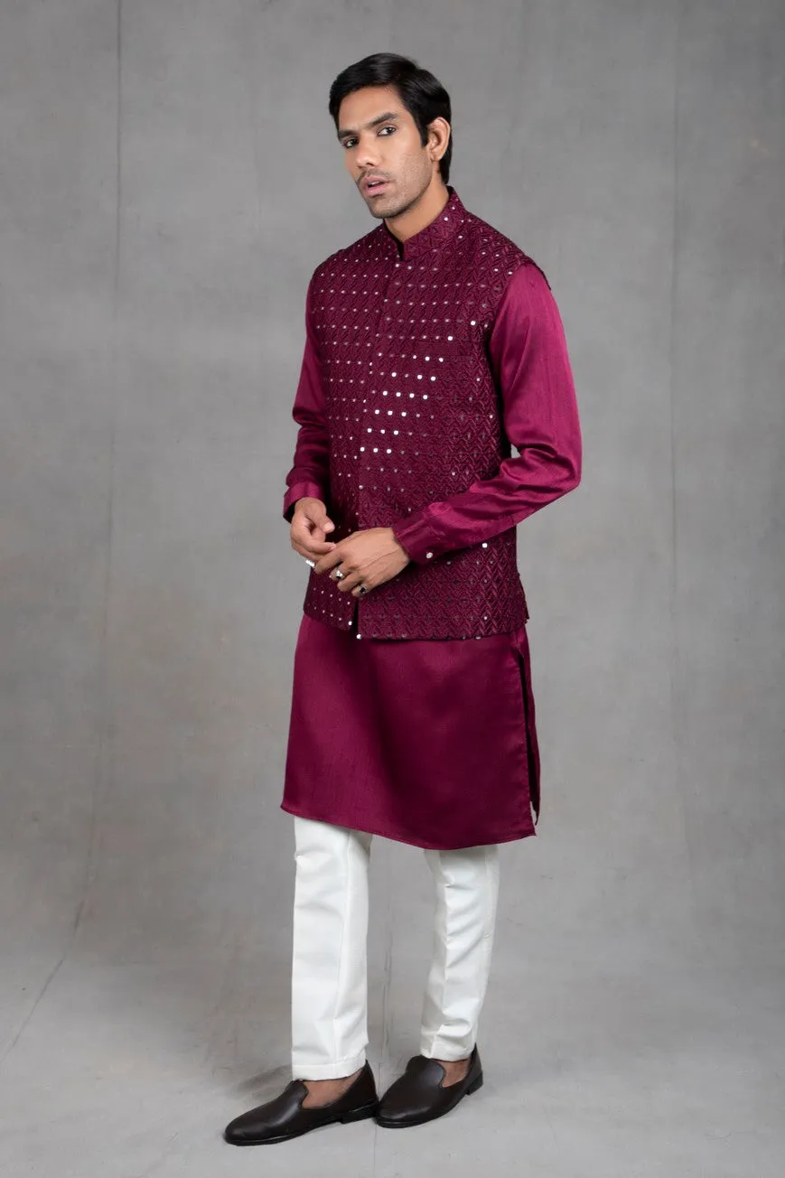 Wine and Shine Embroidered Kurta-Jacket Set