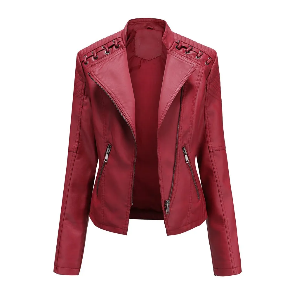 Women Leather Slim Thin Short Jacket