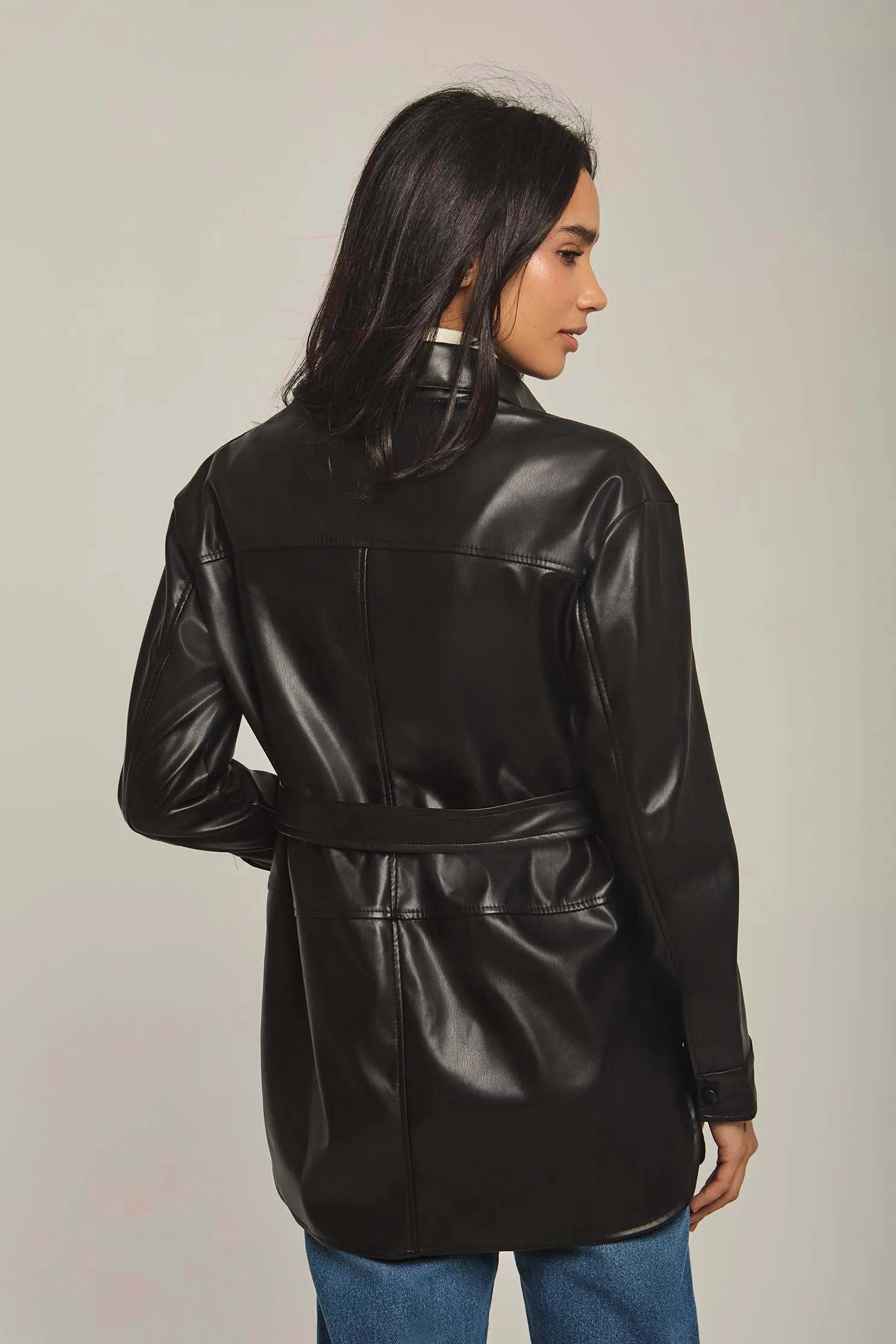 Women Overshirt Leather Long Overshirt, Regular Fit Black