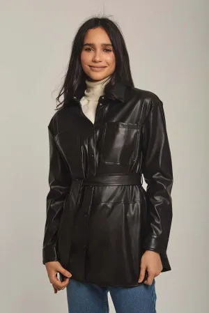 Women Overshirt Leather Long Overshirt, Regular Fit Black