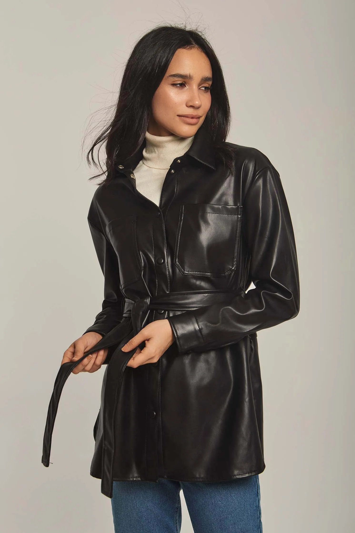 Women Overshirt Leather Long Overshirt, Regular Fit Black