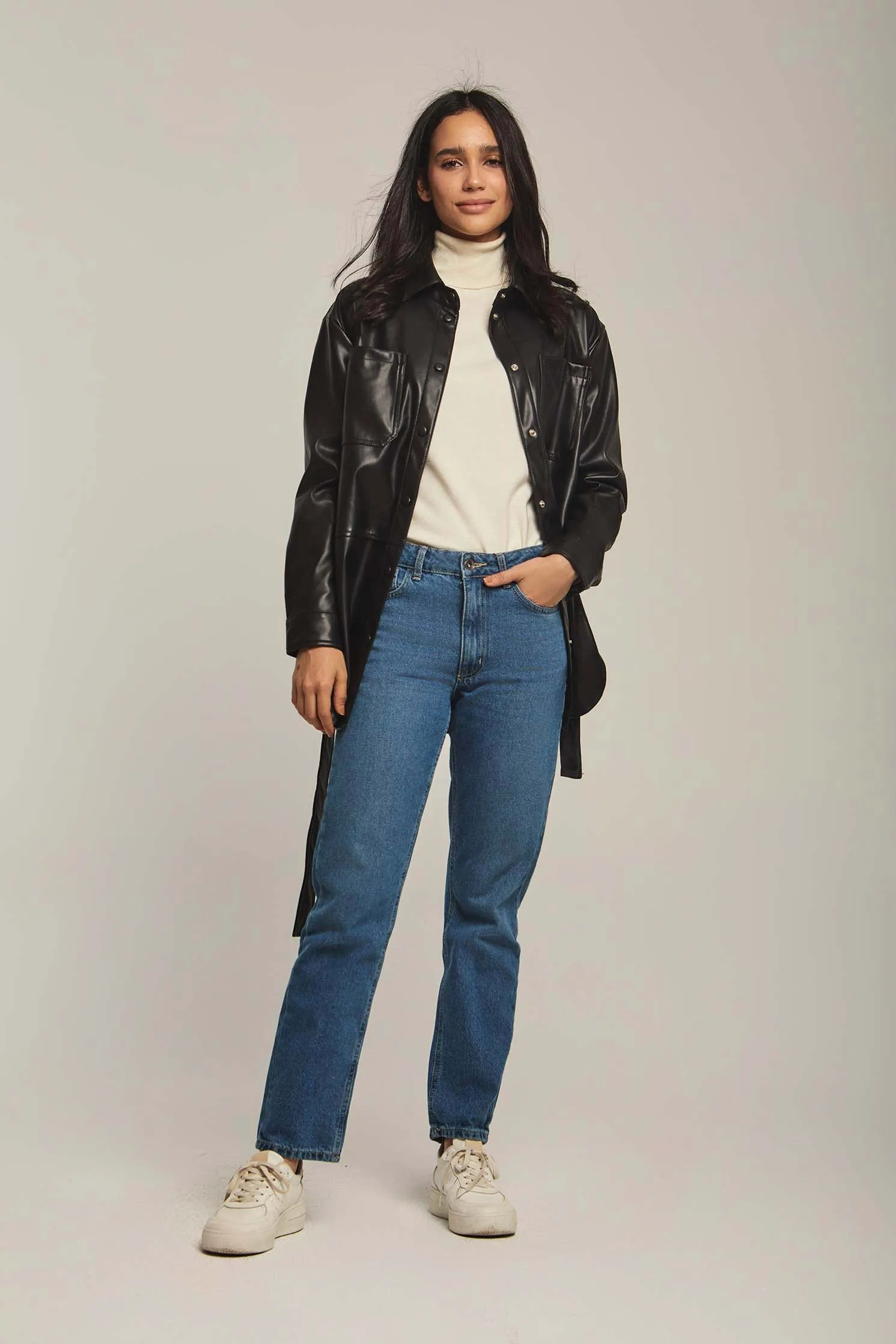 Women Overshirt Leather Long Overshirt, Regular Fit Black