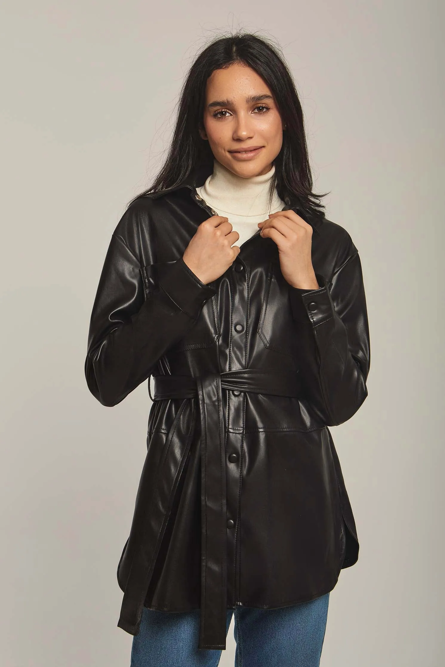 Women Overshirt Leather Long Overshirt, Regular Fit Black