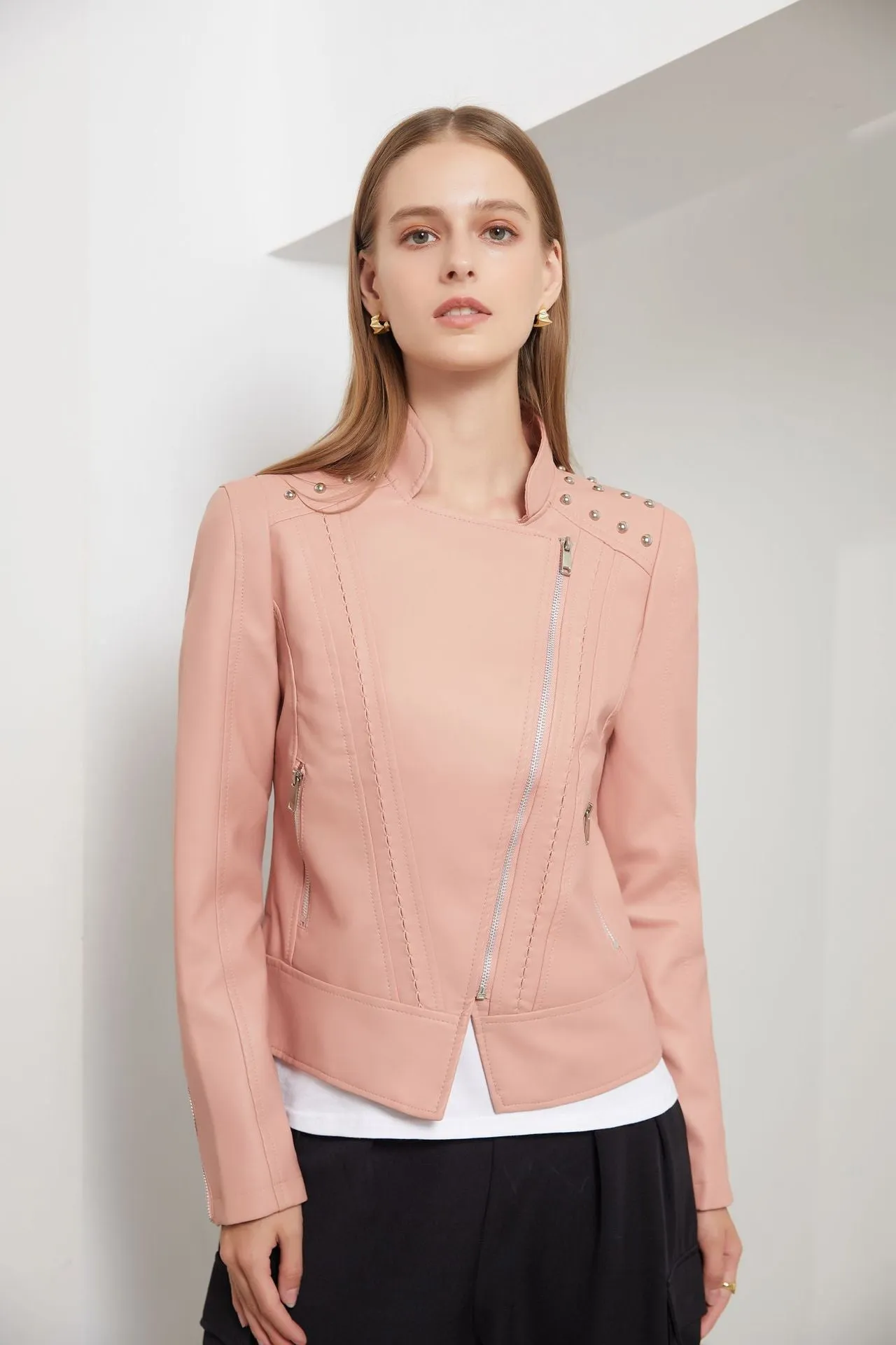 Women Rivet Thin Leather Jacket