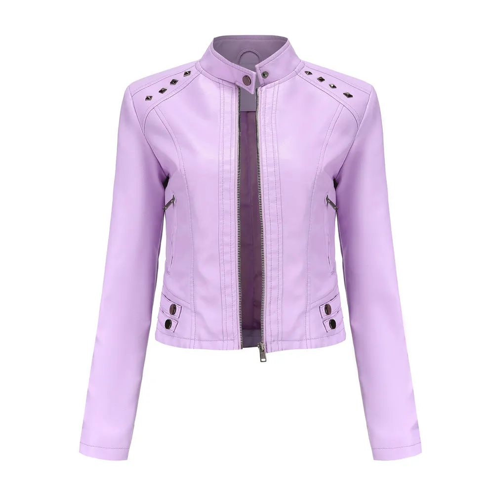 Women Rivets Leather Short Thin Stand Collar Jacket