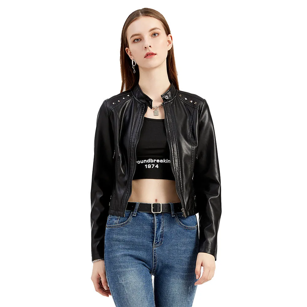 Women Rivets Leather Short Thin Stand Collar Jacket