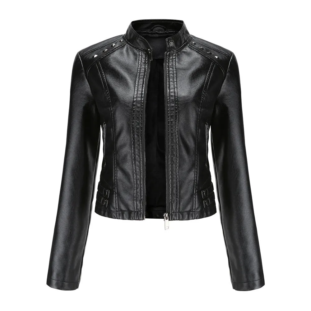 Women Rivets Leather Short Thin Stand Collar Jacket