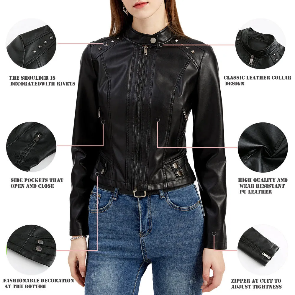 Women Rivets Leather Short Thin Stand Collar Jacket