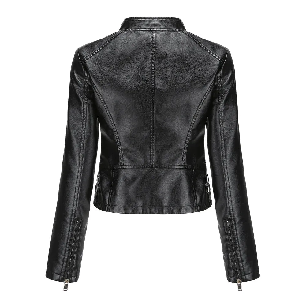Women Rivets Leather Short Thin Stand Collar Jacket