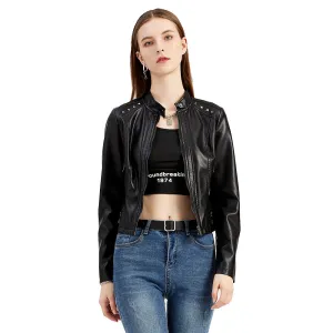 Women Rivets Leather Short Thin Stand Collar Jacket