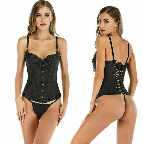 Women Sexy Floral Boned Corset Overbust Body Shaper Bustier  G-String Set