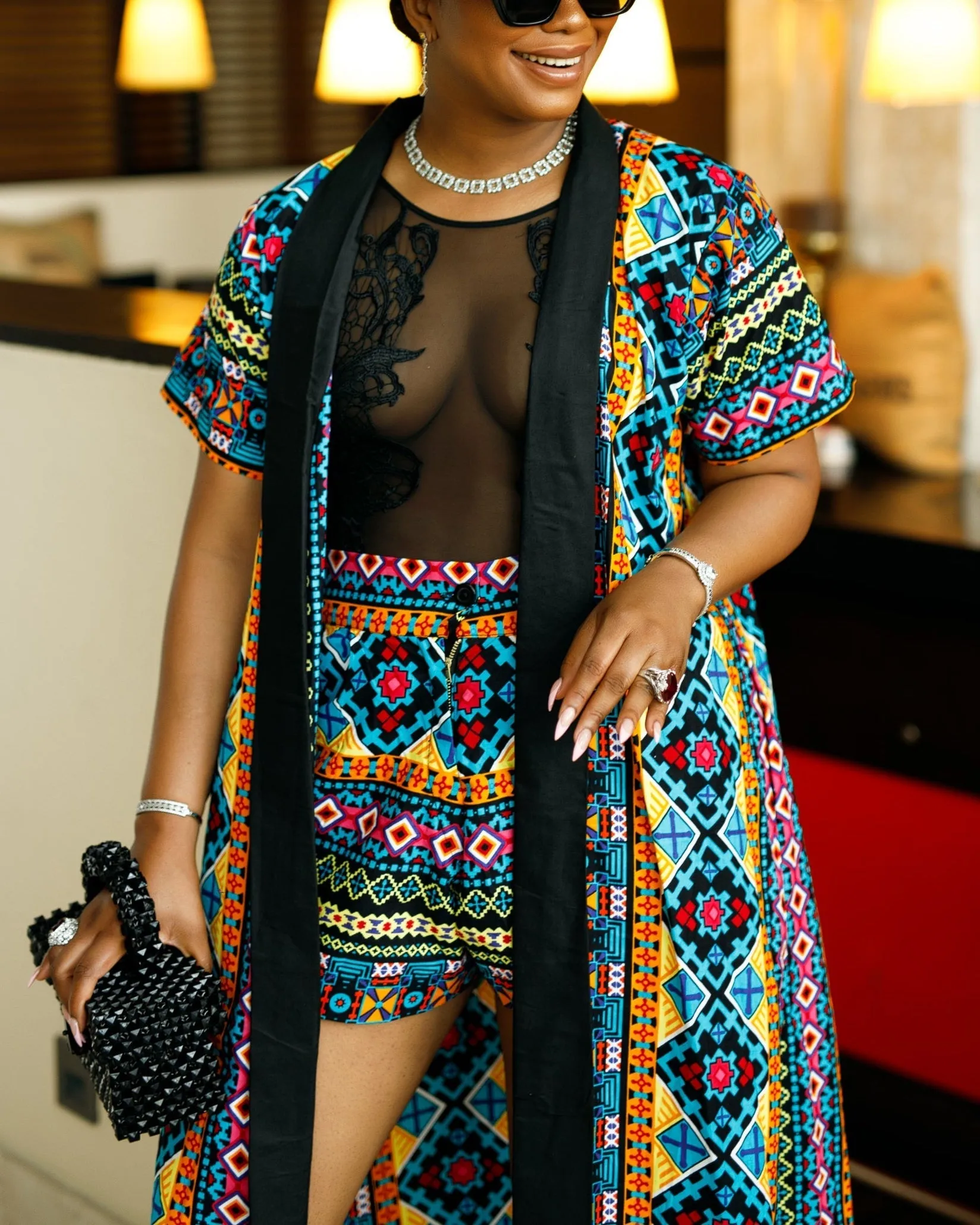 Women's Casual Print Kimono & Shorts Two Piece Set