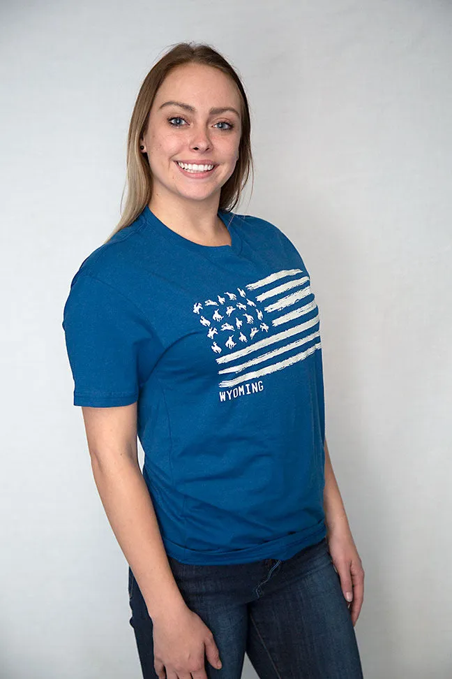 Wyoming Bucking Bronco Flag-Short Sleeve Tee Shirt-Cool Blue