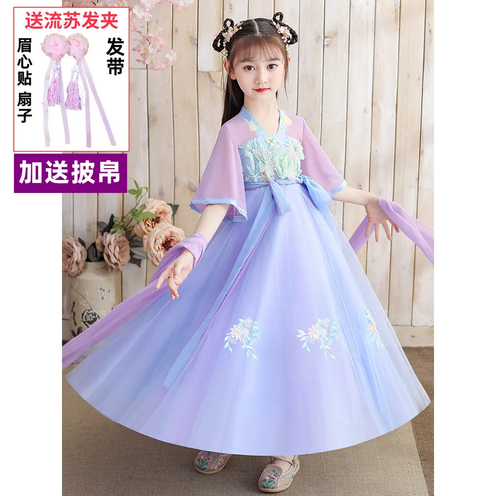XIEYINSHE Children's Han Chinese Costume Summer Tang Suit Jacket and Dress Girls' Ancient Costume Catwalk Chinese Style Improved Dress Thin Chest Retro